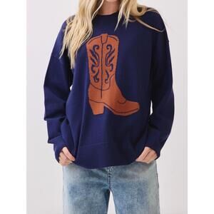 NEW SEWN AND SEEN cowboy boot knit sweater in navy